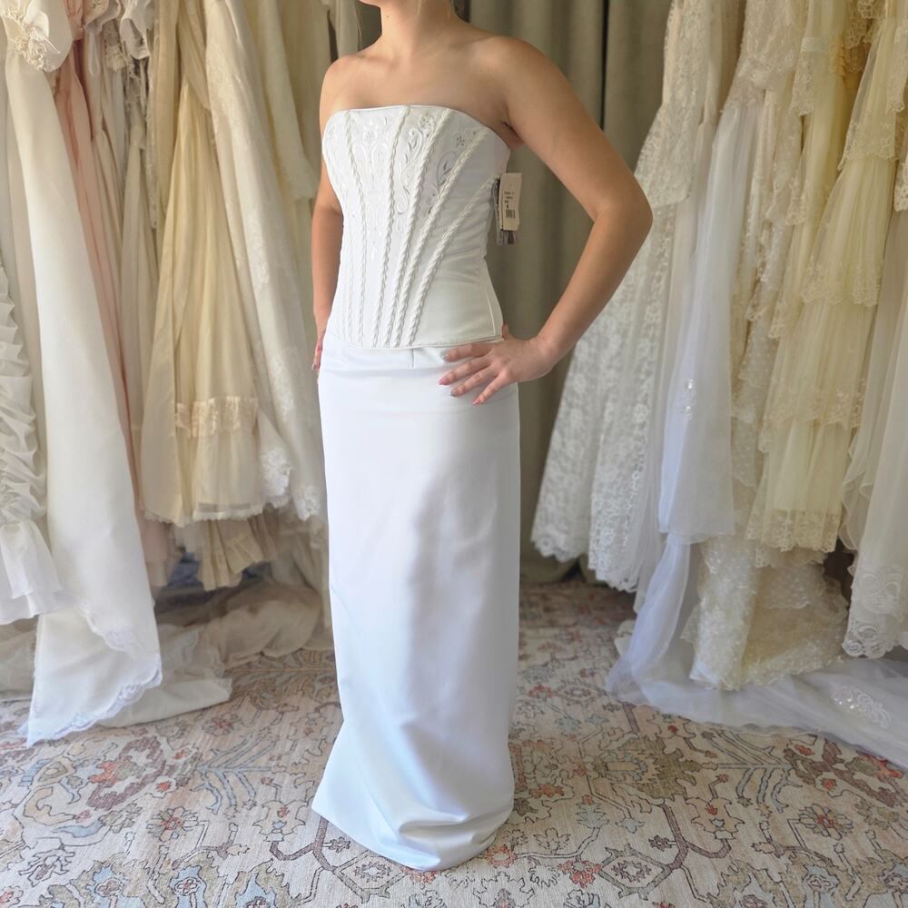 Jessica McClintock Vintage Y2K Corset 2 Piece Wedding Dress Size 6 S White Satin